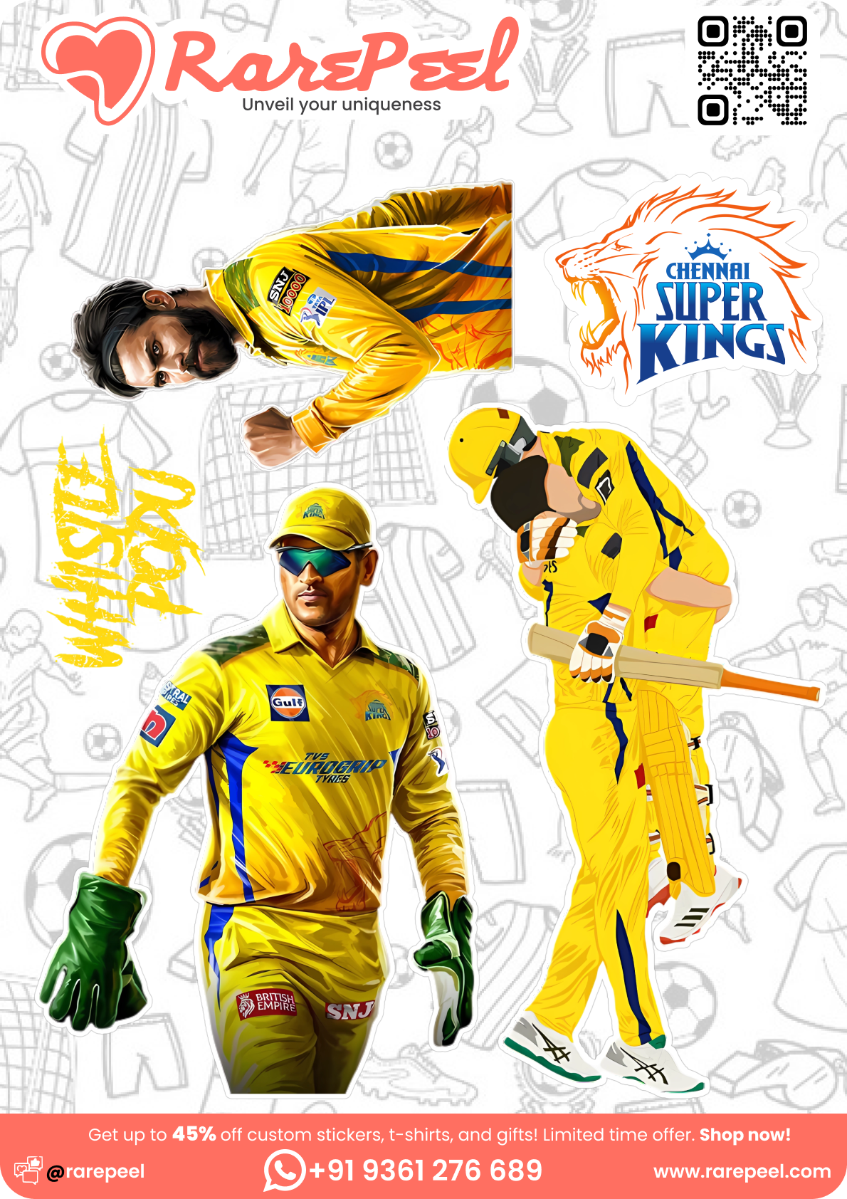 Champion's Pride: MS Dhoni Chennai Super Kings Mini Sticker Sheet | RarePeel