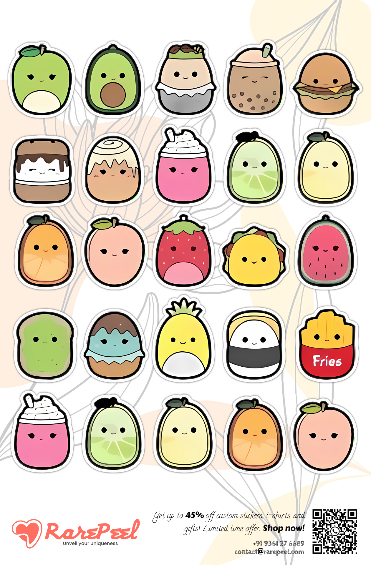 Whimsical Feast: Cute Doodle Food & Fruit Sticker Sheet - RarePeel