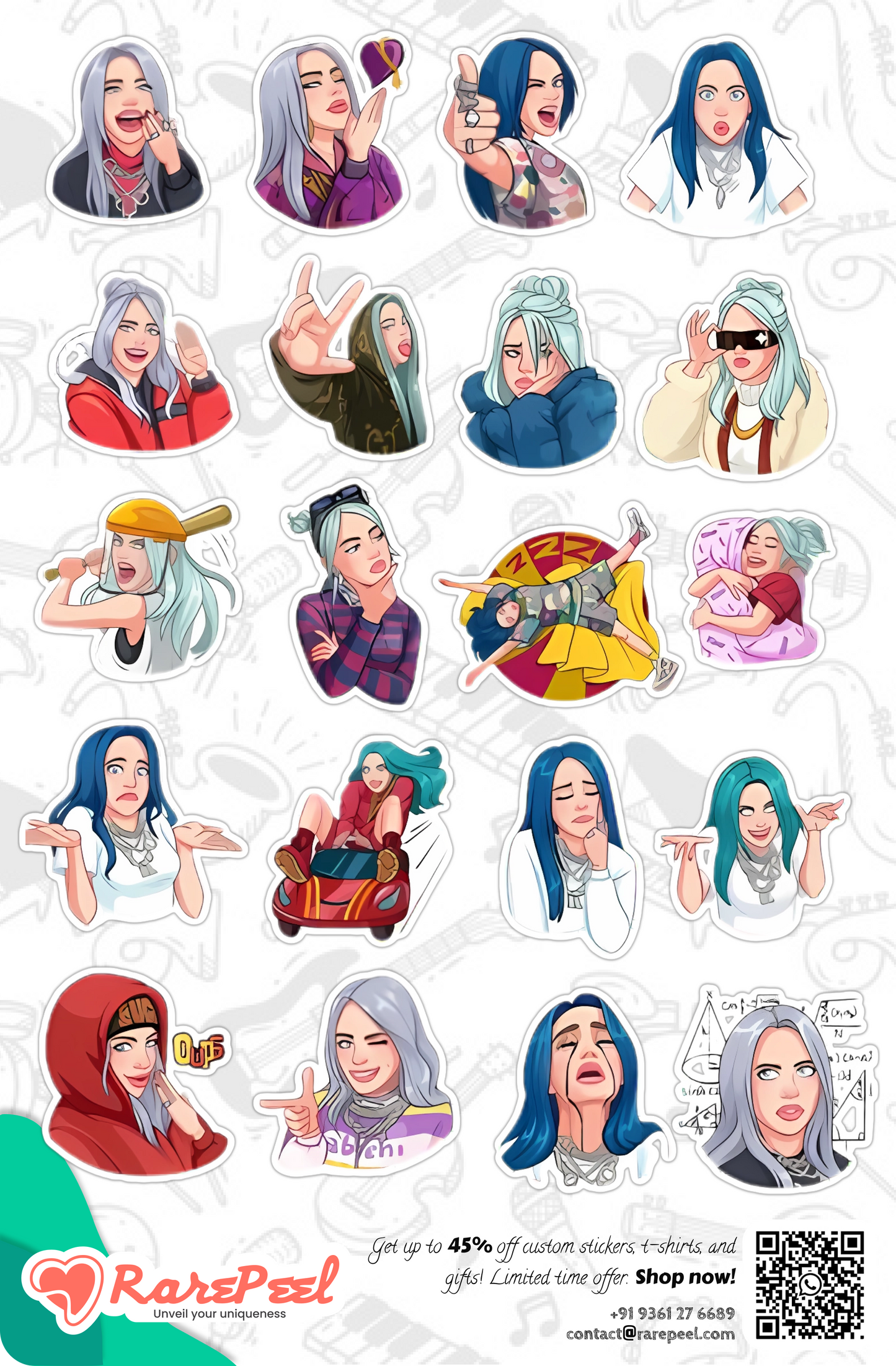 Popular Billie Eilish Illustration Sticker Collection | RarePeel