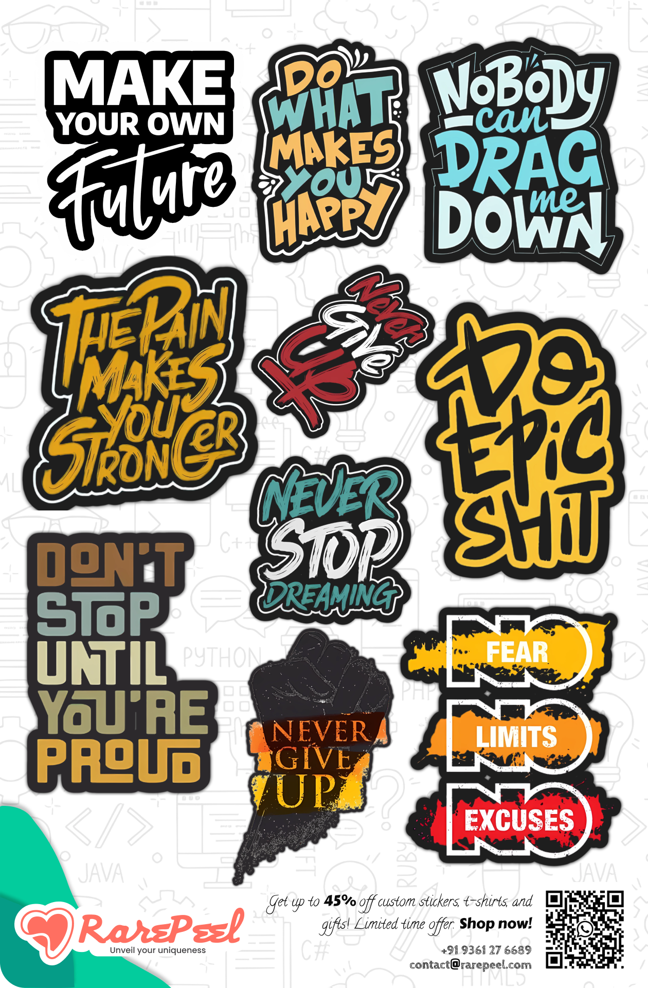 Motivational Quotes Illustrated Stickers Set - Matte, Glossy, and Paper Sheets | RarePeel