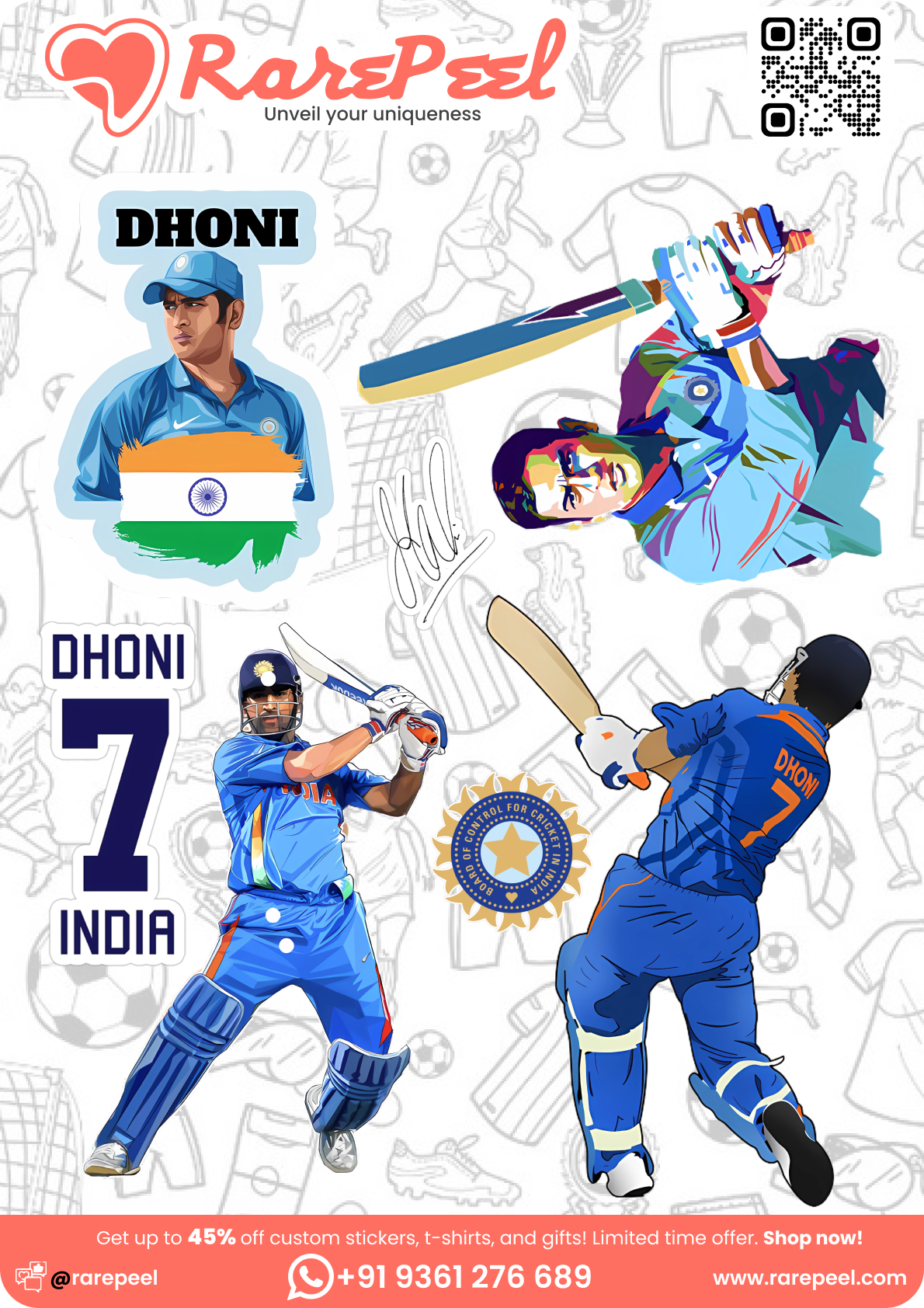 Captain Cool: MS Dhoni Mini Cricket Player Sticker Sheet | RarePeel