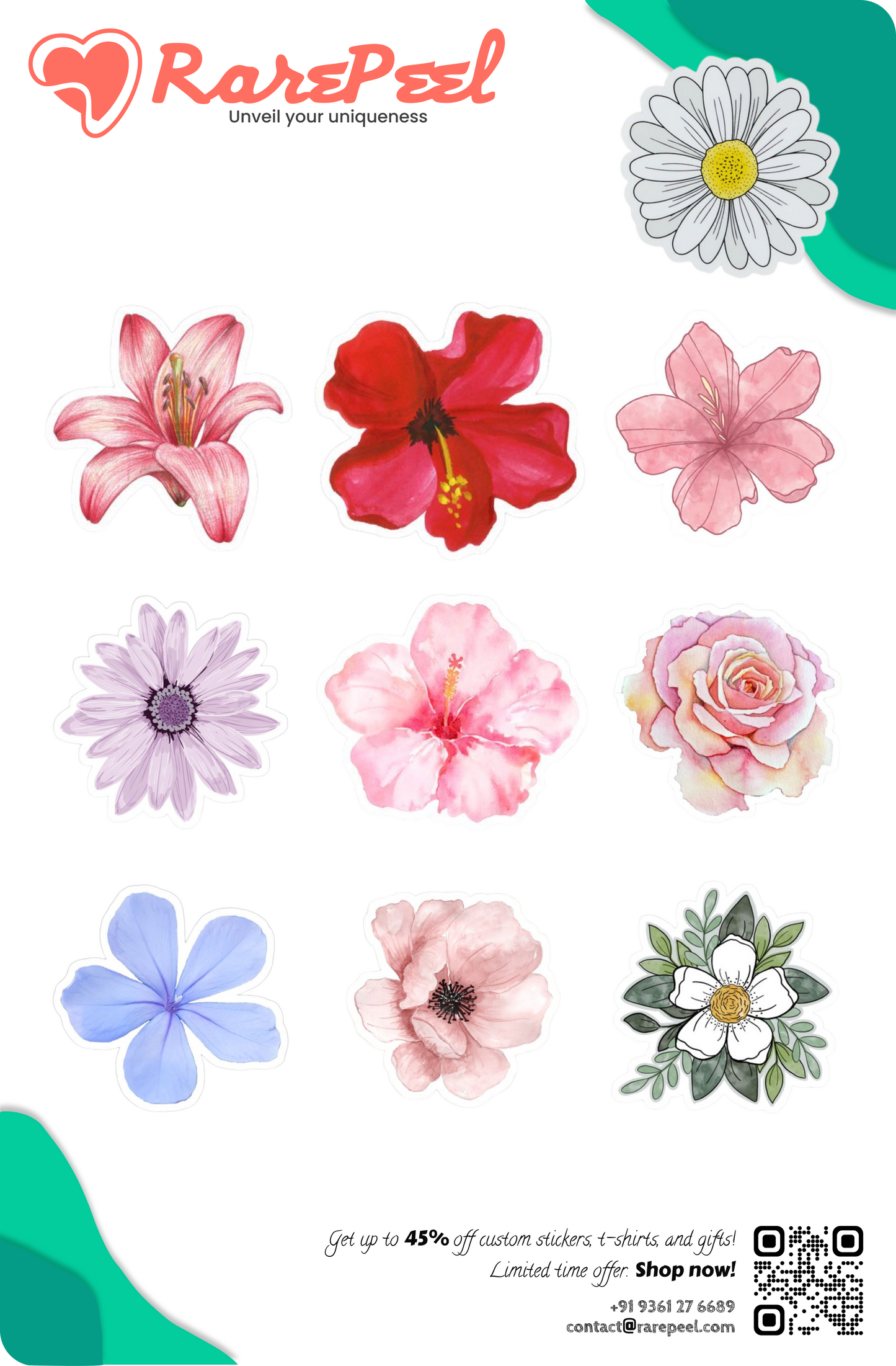 Awesome Flower Illustration Sticker Sheet: Vibrant Floral Collection - RarePeel